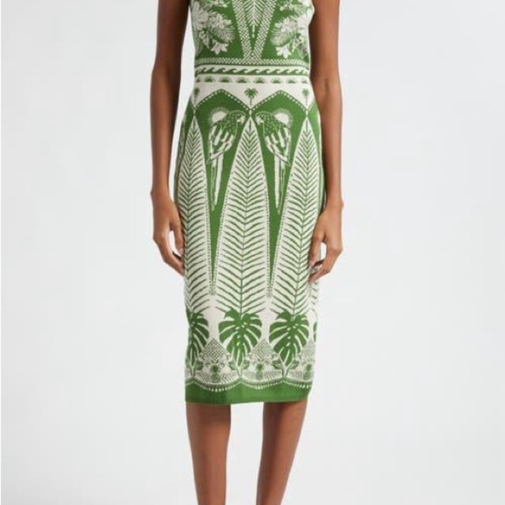 FARM Rio - Macaw Elegant Green and White Patterned Dress